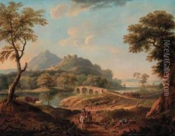 A Wooded River Landscape With Figures By A Bridge Beneath Acastle A