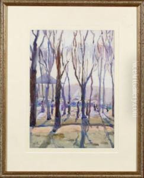 Trees And A Bandstand In A Public Park, Late Afternoon Oil Painting - Allan Walton