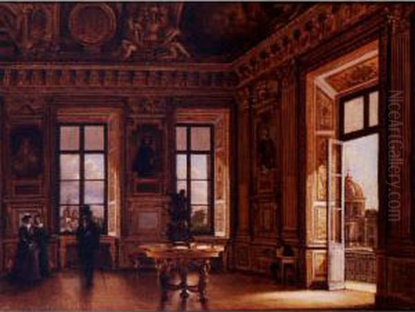 Figures In The Salon D'apollon In The Louvre With A View Of Notre Dame, L'hotel Des Monnaies And The Dome Of The College Des Quatre Nations Beyond Oil Painting - Joseph Warlincourt