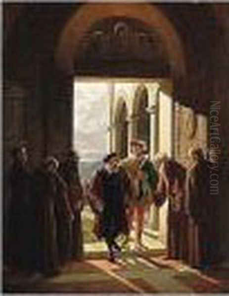 Entering The Monastery Oil Painting - Enrico Fanfani