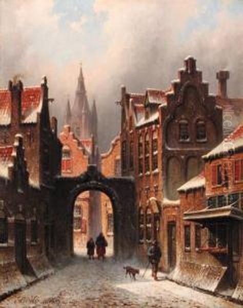 A Snow-covered Street In Delft, With The Church Spire Of The Oudejan In The Background Oil Painting - Eduard Alexander Hilverdink