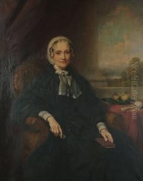 Portrait, Seated - Three-quarter
 Length, Of A Lady In A Columned Interior With A Landscape Beyond, 
Thought To Depict The Hon. Emma Stapleton, Viscountess Midleton Oil Painting - John Templeton Lucas