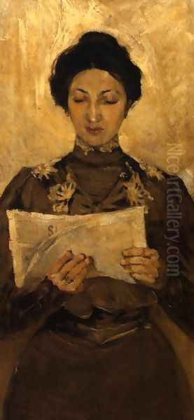 Portrait of a Woman Reading a Newspaper Oil Painting - Stanislaw Debicki