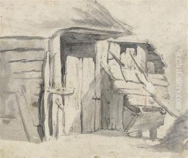 The Entrance To A Stable With A Thatched Roof Oil Painting - Cornelis Saftleven