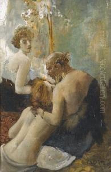 Satyr Mit Zwei Jungen Gespielinnen. Oil Painting - Eduard Veith