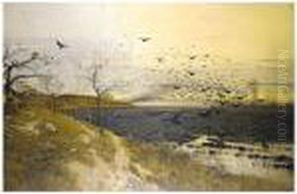 Flock Of Birds At Sunset Oil Painting - Bela Von Spanyi