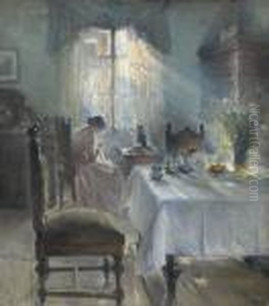 Interior Med Kvinde Som Syr (woman Sewing In An Interior) Oil Painting - Bertha Wegmann