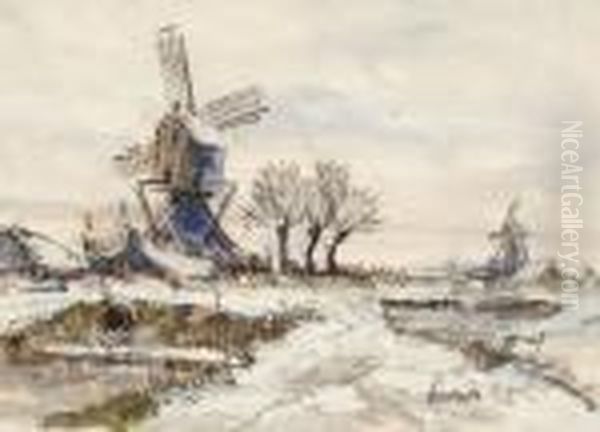 A Winter Landscape With Windmills Oil Painting - Louis Apol