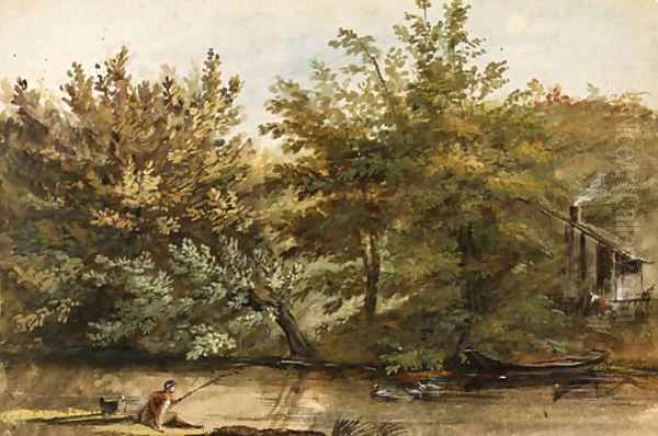 Trees on the Bank of a River, a fisherman in the foreground and a farmhouse in the background Oil Painting - Jean-Pierr Houel