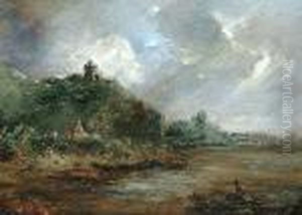 A River Landscape With A Hilltop Village In The Distance Oil Painting - John Constable