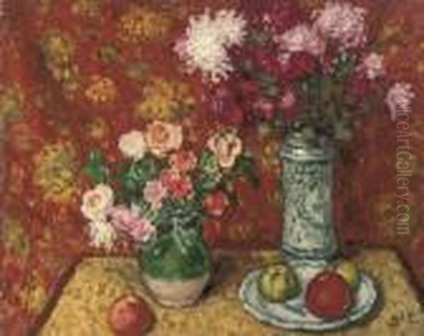 Pommes Et Vase De Fleurs Oil Painting - Georges dEspagnat