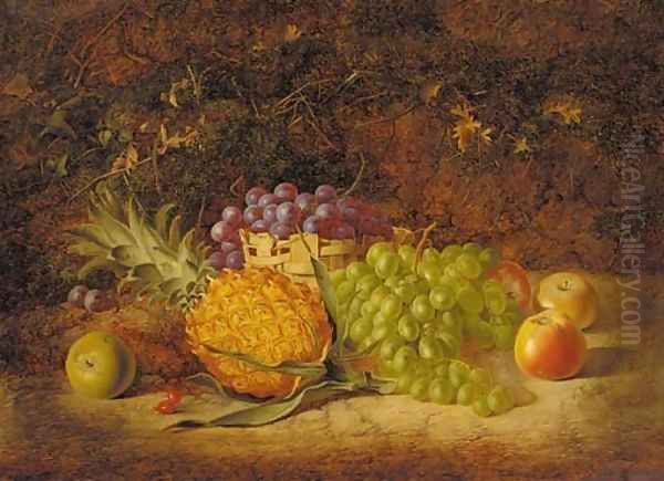 Apples, a pineapple, and grapes in a wicker basket, on a mossy bank Oil Painting - George Lance