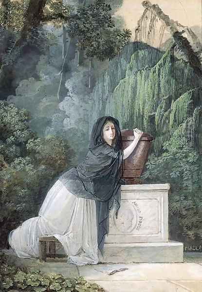 A Woman in mourning kneeling in front of a Monument with Cupid Oil Painting - Jean-Baptiste Mallet