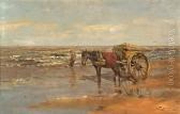 An Extensive Beach Scene With A Figure And A Horse And Cart In The Foreground Oil Painting - Willem George Fred. Jansen