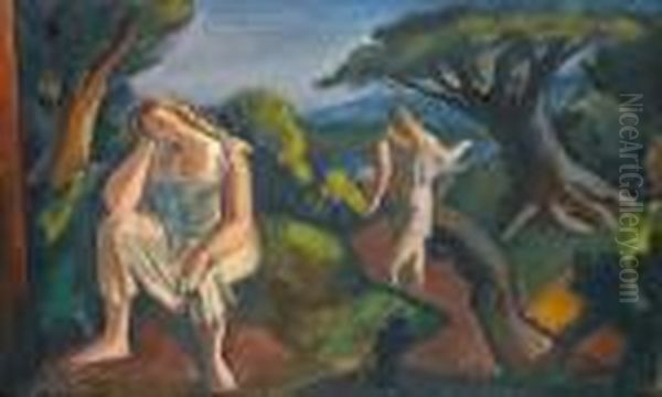 Two Women In A Landscape Oil Painting - Bernard Meninsky