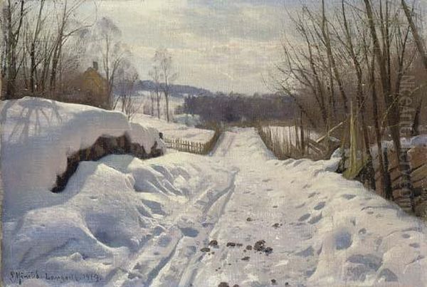 Vinterlandskab, Langsith (winter Landscape, Langsith) Oil Painting - Peder Mork Monsted