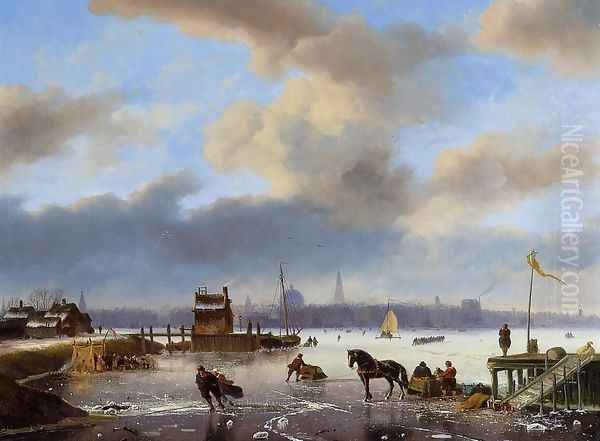 Figures Skating on the Ij, with Amsterdam Beyond Oil Painting - Nicolaas Johannes Roosenboom