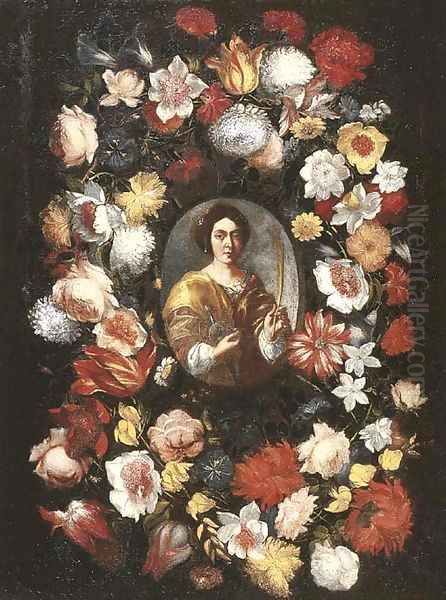 Roses, tulips, narcissi, carnations and other flowers in a garland surrounding a medallion of a female Saint Oil Painting - Flemish School