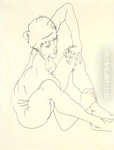 Seated Female Nude Oil Painting - Egon Schiele