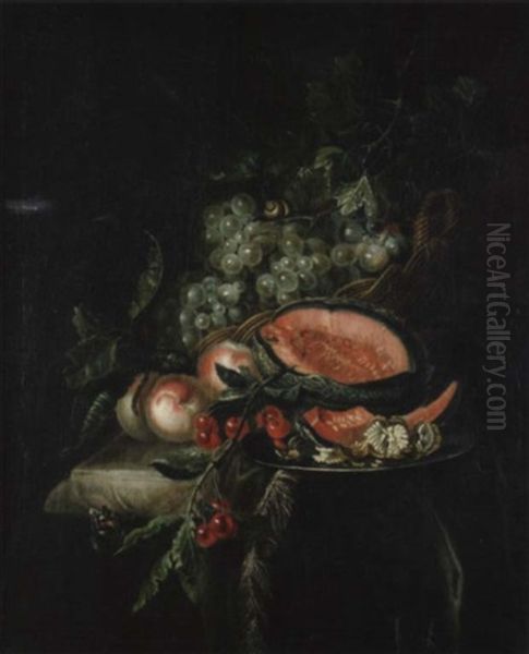 Fruchtestilleben Mit Pfirsichen, Kirschen, Melone, Nussen Und Weintrauben Auf Einer Drapierten Steinplinthe Oil Painting - Willem Van Aelst