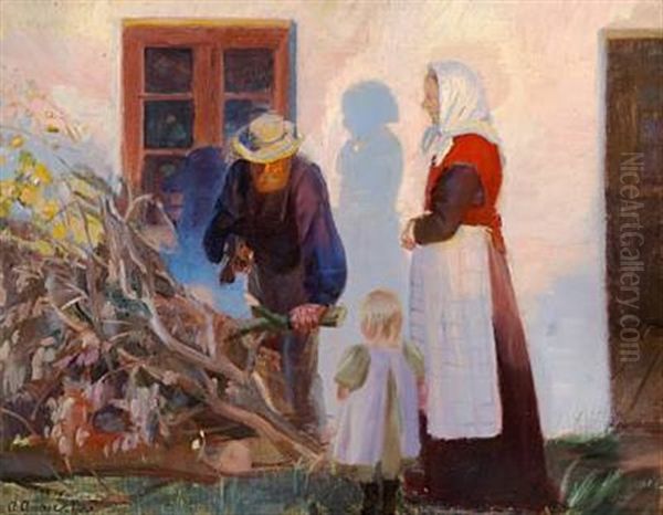 A Family From Skagen Is Cutting Boughs Outside A House In The Low Evening Sun Oil Painting - Anna Kirstine Ancher