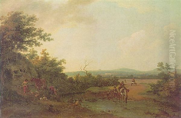 A Pastoral Scene (county Sligo?) With A Distant View Of Cummin House, The Residence Of John Ormsby, Esq. Oil Painting - William Ashford