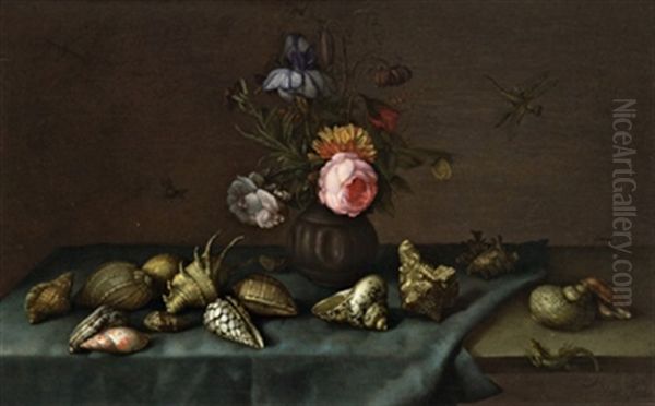 Ein Stilleben Mit Muscheln Und Blumen: Iris, Zyklamen, Ringelblume Und Anderen Bluten In Einer Irdenen Vase Sowie Einer Eidechse, Einer Libelle Und Einer Spinne Oil Painting - Balthasar Van Der Ast