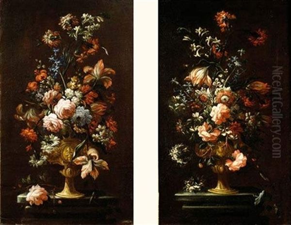 Bouquets De Fleur Dans Un Vase Pose Sur Un Entablement (+ Another; Pair) Oil Painting - Andrea Belvedere