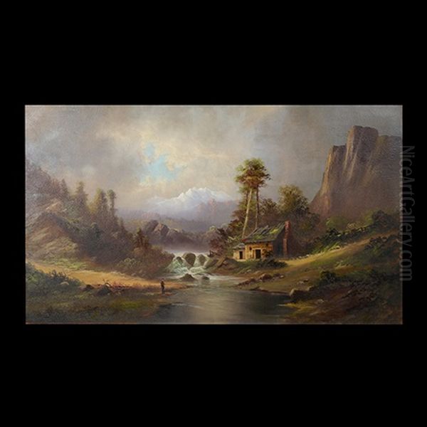 Man Fishing By Near Cabin Under The Mountains Oil Painting - William G. Boardman