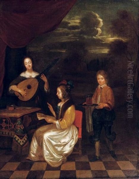 Two Ladies Playing Music With A Boy Serving Drinks Oil Painting - Gerard ter Borch the Younger