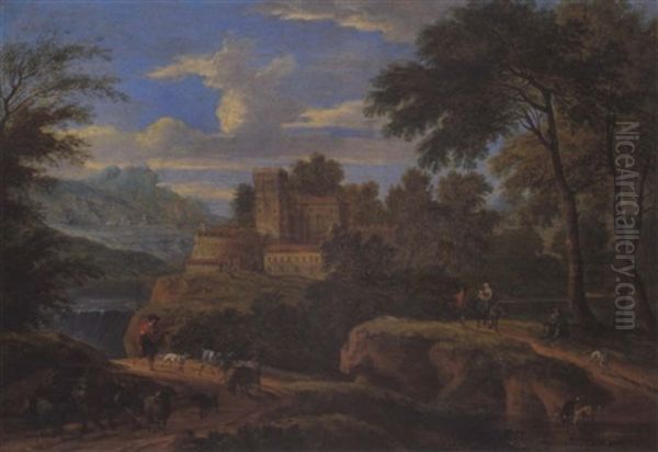 Gebirgige Flusslandschaft Mit Einem Schloss Und Hirt Mit Herde Oil Painting - Adriaen Frans Boudewyns the Elder