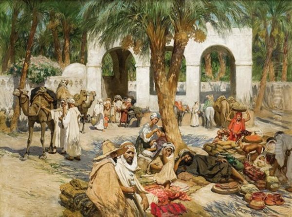 Le Fondouk A Laghouat Oil Painting - Frederick Arthur Bridgman