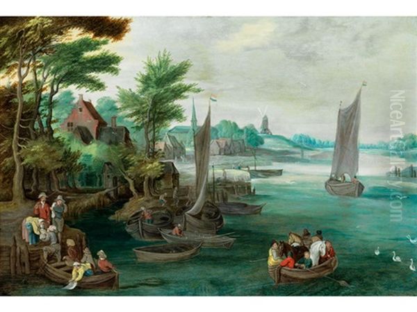 Fischerdorf Am Fluss Mit Staffagefiguren Oil Painting - Jan Brueghel the Younger