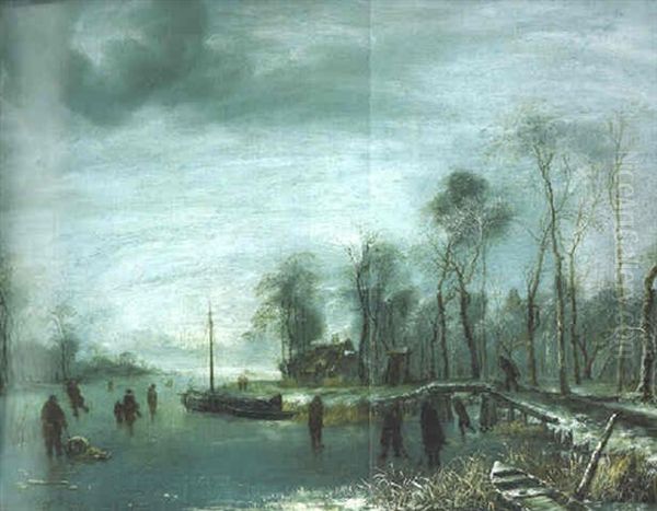 A Winter Landscape With Skaters And Colf Players On A Frozen Waterway Oil Painting - Jan Van De Cappelle