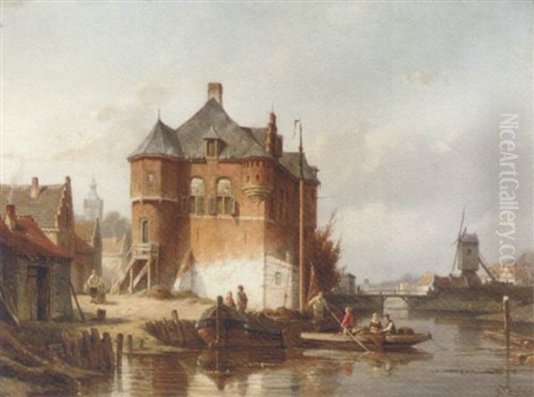 A View Of A Town With Figures Along The Banks Of A Canal Oil Painting - Jacques Francois Carabain