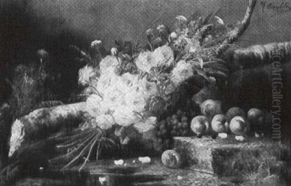 Still Life With Peaches, Grapes And Peonies Oil Painting - Modeste (Max) Carlier