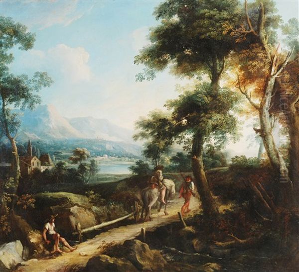 Paesaggio Lacustre Con Cacciatori E Viandante In Sosta Oil Painting - Vittorio Amadeo Cignaroli