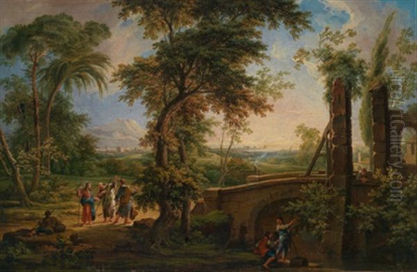 Weite Klassische Landschaft Mit Christus Und Den Jungern Auf Dem Weg Nach Emmaus Oil Painting - Giovanni Battista Cimaroli