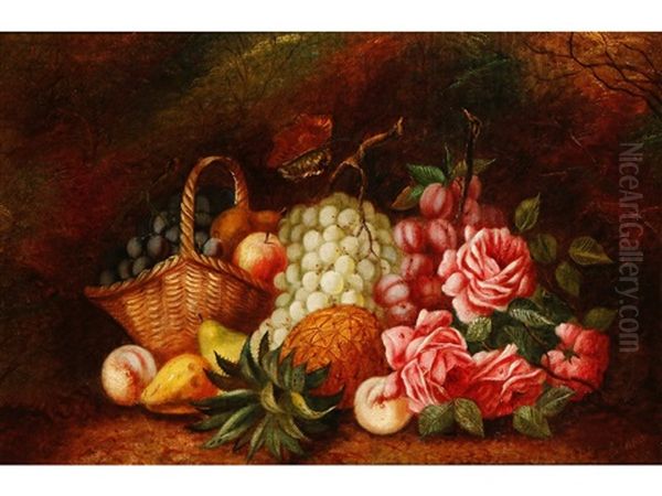 A Pair Of Still Life Studies Of Flowers And Fruit In A Woodland Setting, One With A Nest Of Birds Eggs (pair) Oil Painting - Oliver Clare