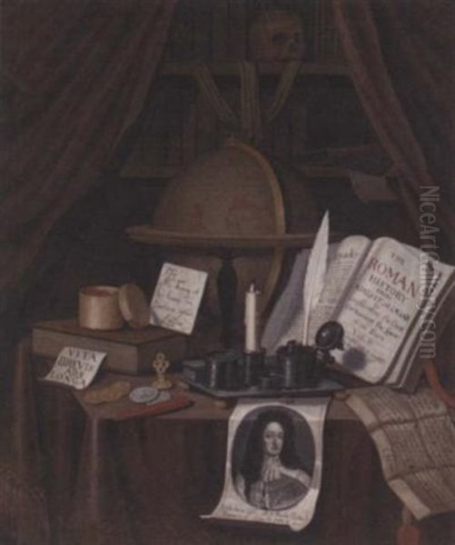 A Vanitas For John Turing, With A Globe Showing The Signs Of The Zodiac, A History Of Rome And A Document On A Table With Coins And Other Memorabilia Oil Painting - Edward Collier