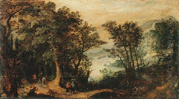 A Wooded Landscape With Hunters And Travellers On A Path Near A Bridge Oil Painting - Gillis Van Coninxloo III