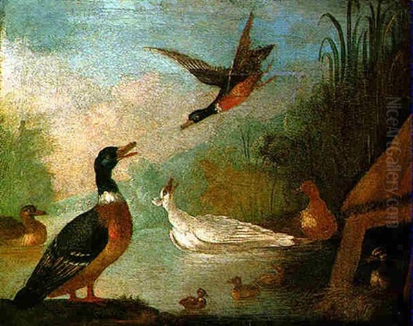 A Peacock And Other Birds Before An Ornamental Fountain In A Park Landscape Oil Painting - Marmaduke Cradock