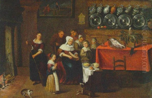 A Kitchen Interior With A Family Gathered Near A Table Oil Painting - Cornelis Gerritsz Decker