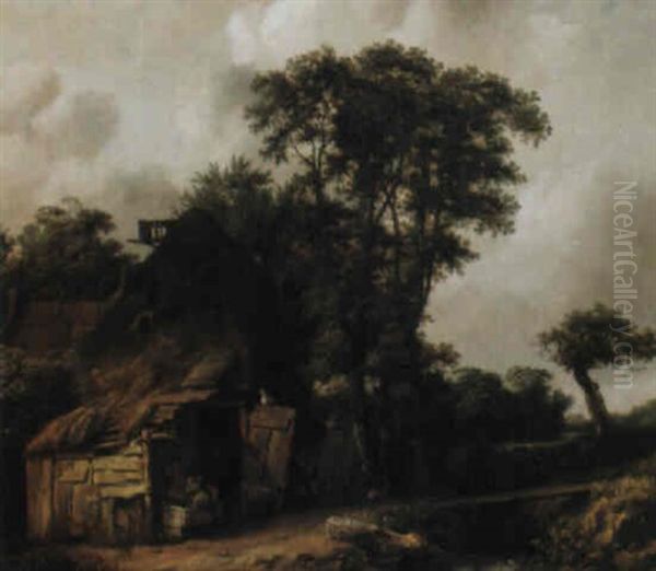 A Farmhouse By A Stream Wtih A Peasant Feeding A Pig Oil Painting - Cornelis Gerritsz Decker