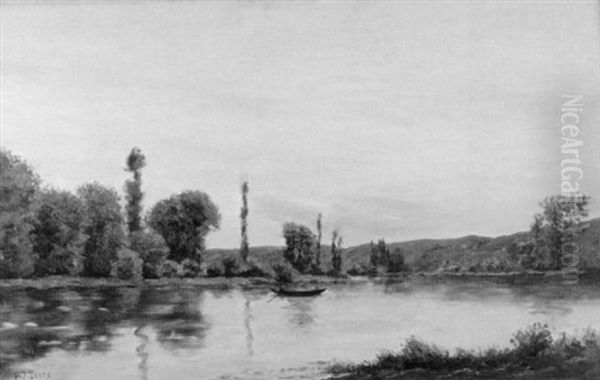 Flusslandschaft Mit Ruderboot Bei Sonnenuntergang Oil Painting - Hippolyte Camille Delpy