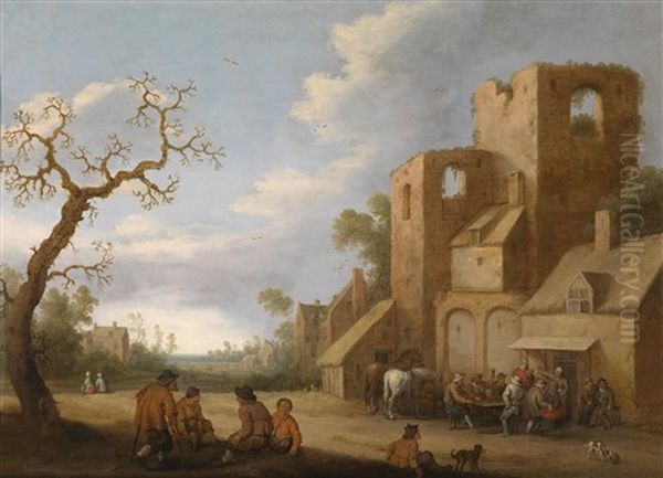 Dorfstrasse Mit Feiernder Gesellschaft Vor Einem Wirtshaus Oil Painting - Joost Cornelisz. Droochsloot