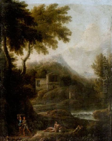 An Arcadian Landscape With Travellers On A Path, A Waterfall Beyond Oil Painting - Gaspard Dughet