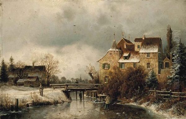 Figures Ice Skating On A Frozen River, With Houses And A Bridge Beyond Oil Painting - Johannes Bartholomaeus Duntze