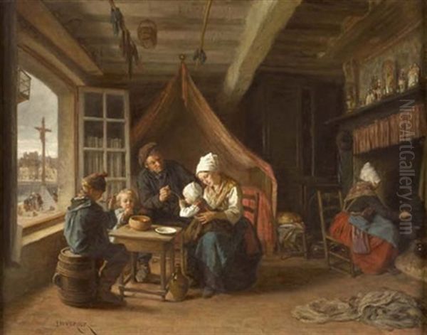 A Fisherman's Familly Oil Painting - Theophile Emmanuel Duverger