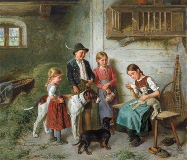 Die Kleinen Zieheltern Oil Painting - Adolf Eberle